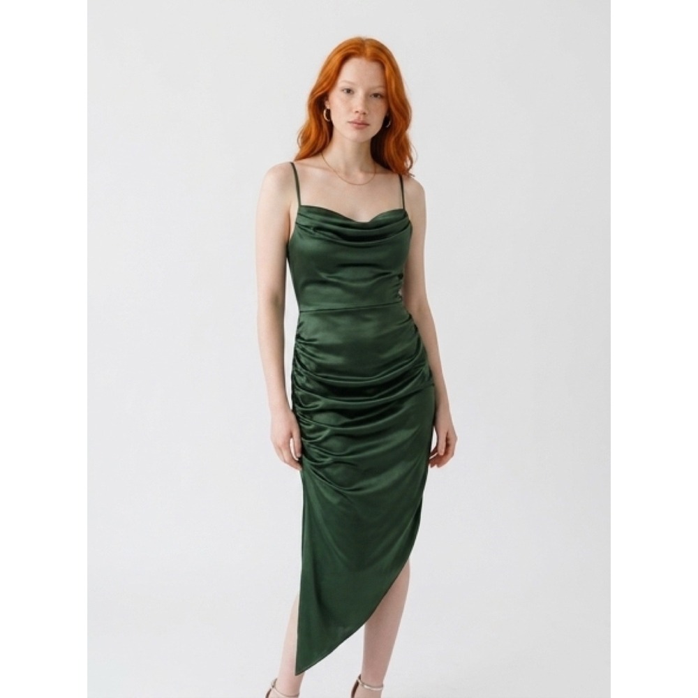 Windsor Satin Ruched Midi Dress Womens S‎ Green Excellent Cowl Neck Asymmetrical